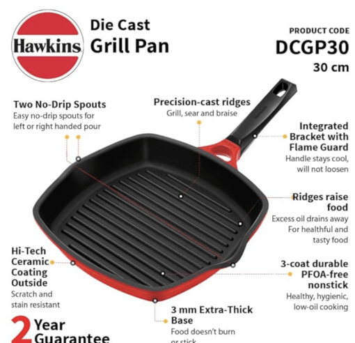 Hawkins 30 cm Grill Pan, Non Stick Die Cast Grilling Pan, Square Grill Pan for Gas Stove, Ceramic Coated Pan, Roast Pan, Red (DCGP30) - Image 4